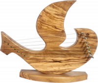 David's harp made of olive wood with a dove of peace pattern, handmade
