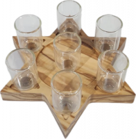 Olive wood menorah in the shape of a Star of David, with glass cups, handmade