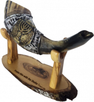 Shofar ram, silver and gold plated, with a menorah pattern, handmade_1