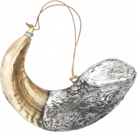 Shofar ram for anointing oil, silver and gold plated, with a pattern of the walls of Jerusalem, handmade_1